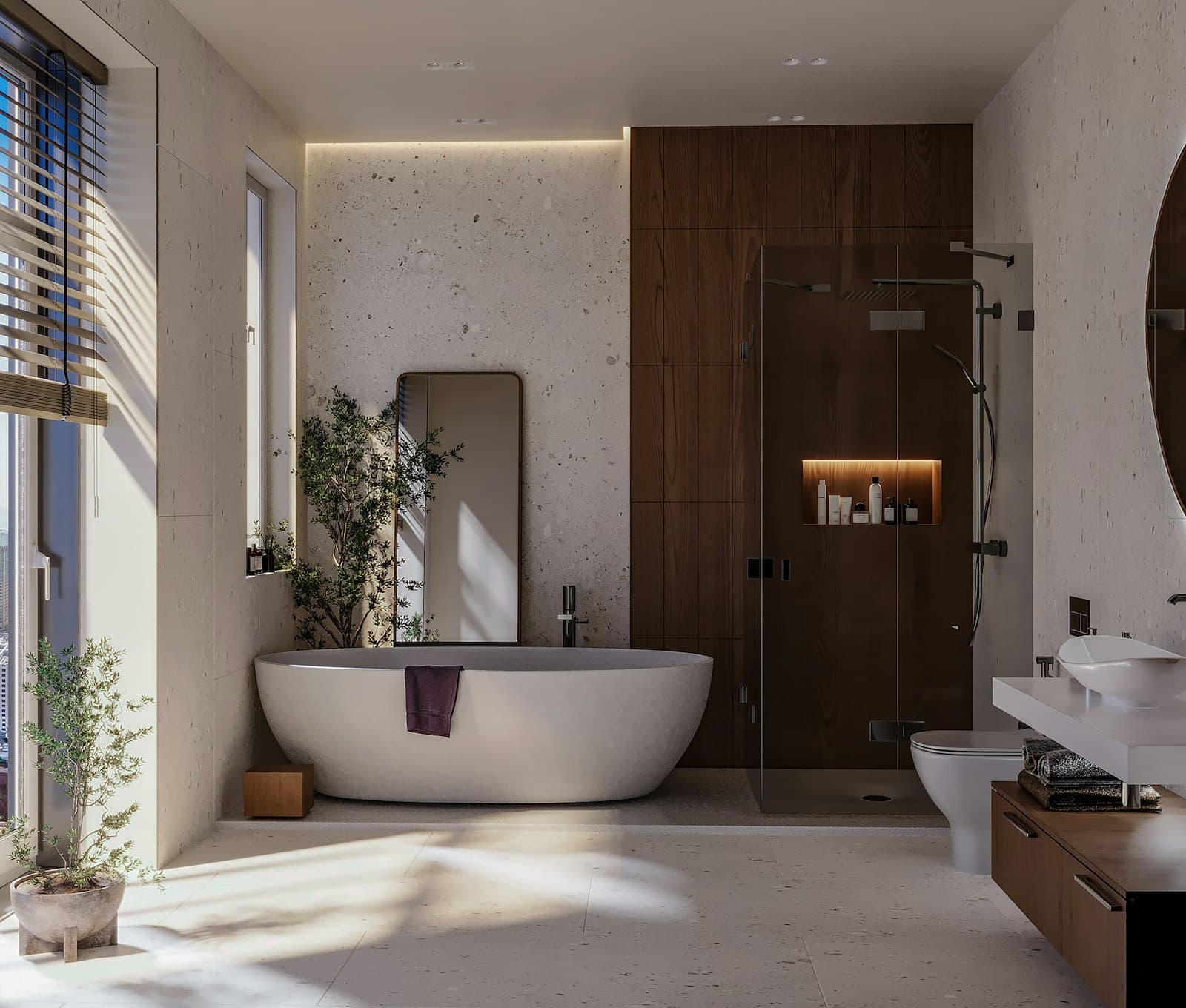 Salle de bains rénovée avec baignoire îlot